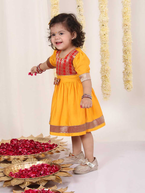 Girl's Red And Yellow Banarsi Frock